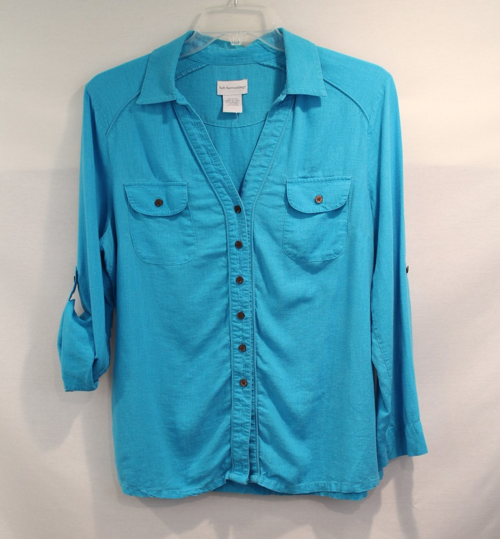 Soft Surroundings Linen Blend Top Womens MP Turquoise Flap Pockets Roll Sleeves